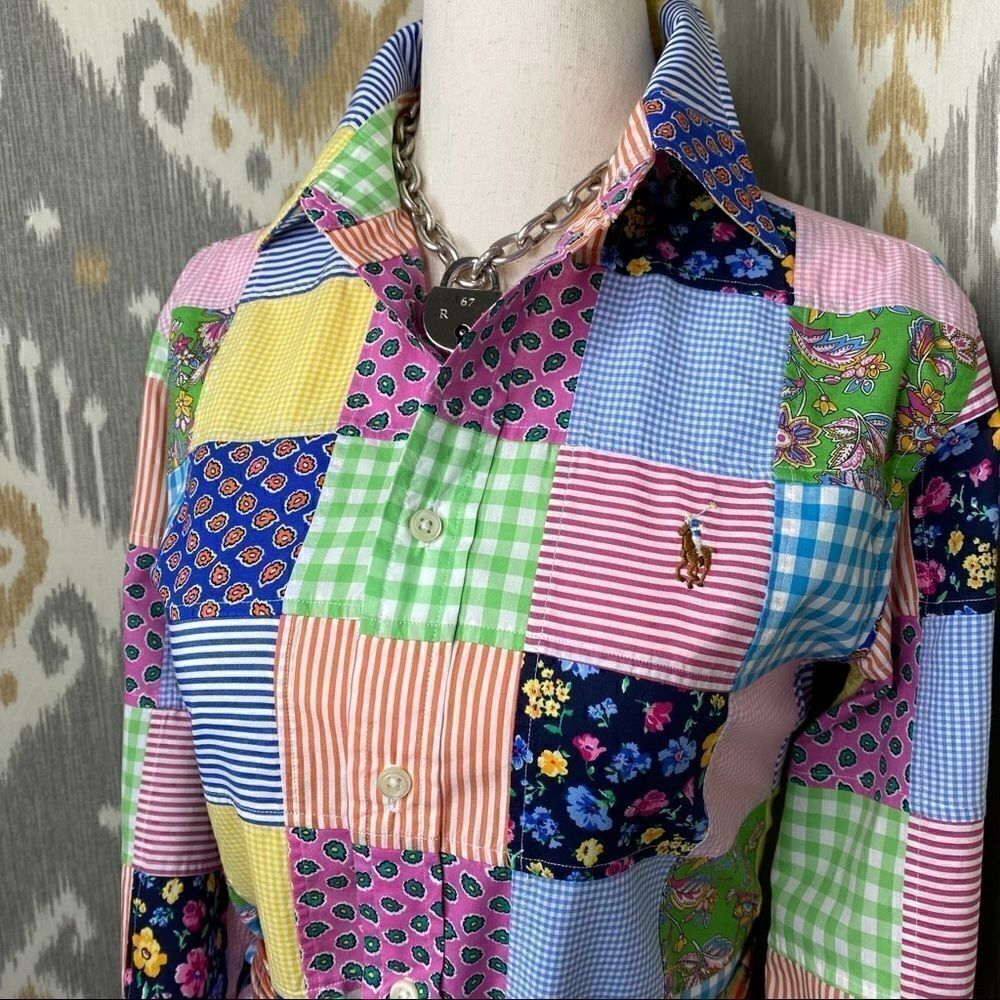 Ralph Lauren Classic Fit Multi Patchwork Cotton Poplin Button Up Shirt - Picture 8 of 16
